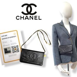 ✨Chanel CC Lambskin Wallet Clutch Black Gold Pristine WOC Style Authenticated✨